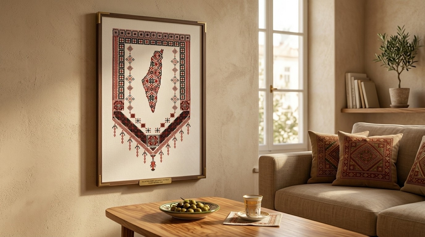 Exklusiver handgestickter Wandbehang "Palästina-Karte" – 100% DMC-Seide (Ungerahmt) – 70x40 cm