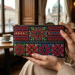 Premium Handgestickte Tatreez Clutch-Wallet “Palästina” – DMC-Seide & Black Canvas