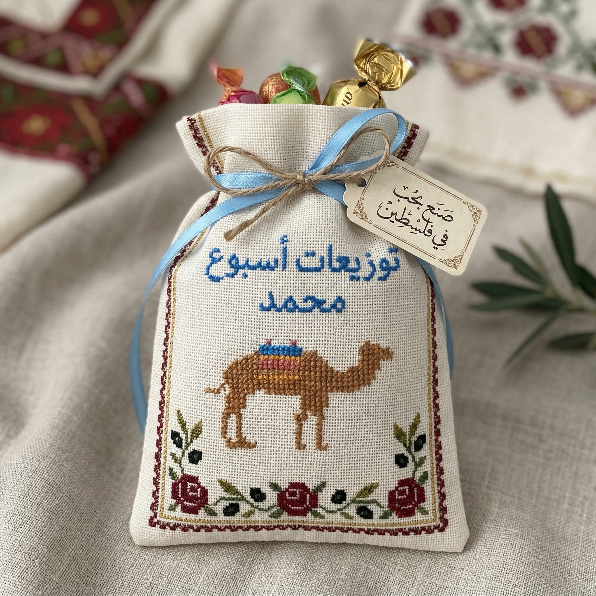 Exklusives Handgesticktes Palästina Gastgeschenk zur Baby-Woche "Seebou" – Kamel-Motiv Exklusives Handgesticktes Palästina Gastgeschenk zur Baby-Woche "Seebou" – Kamel-Motiv